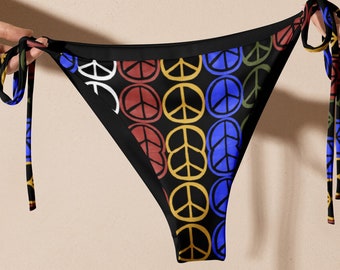 Peace Sign Recycled String Bikini Bottom, Trippy Swimsuit Trendy Bathing Suit, Festival Indie Swimwear, Vibrant Retro Groovy Set