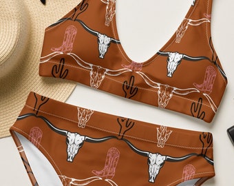 Longhorn Skull Recycled High-waisted Bikini, Cactus Western Swimsuit, Cowgirl Bathing Suit, Trendy Swimwear, Vacation Cowgirl Boots Bikini