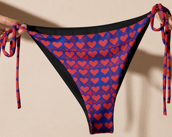 Hearts Plaid Recycled String Bikini Set, Custom Crop Top, Top Sellers Sustainable Swimwear, Cheeky Bikini Bottom, Cute Bikini Top