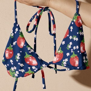 Strawberry Floral Pattern Recycled String Bikini Top, Retro Sexy Beach Bikini, Floral Cottagecore Swimsuit, Trendy Bathing Suit Women