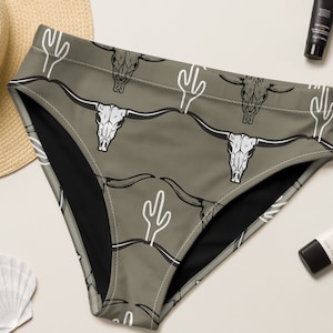 Longhorn Skull Recycling Bikinihöschen mit hoher Taille, Cactus Western Badeanzug, Cowgirl Badeanzug, Trendy Urlaub Cowgirl Stiefel Bikini