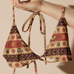 Navajo Insect Print Recycled String Bikini Top, Western Cowgirl Bathing Suit, Vaca Trendy Swimwear