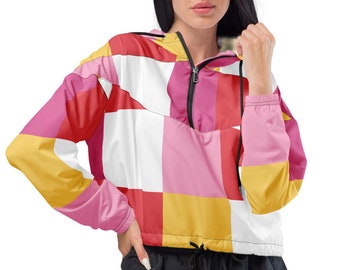 Women’s Bright Plaid Cropped Windbreaker, Vibrant Plaid Crop Jacket, Unique Cozy Windbreaker with Hood, Aesthetic Forestcore Jacket