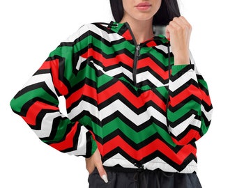 ZigZag Multicolor Jacket Windbreaker, Inspired 90s Starter Jackets with Hood, Year Round Cozy Women’s Jacket, Retro Crop Vintage Windbreaker