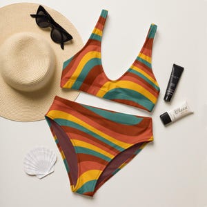 Bikini taille haute recyclé à motif ondulé groovy années 70, ensemble de maillot de bain multicolore Année 2000