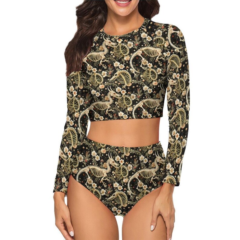 Grunge Dragon Skeleton Long Sleeve Crew Neck Swimsuit, Gothic Beachwear image 6