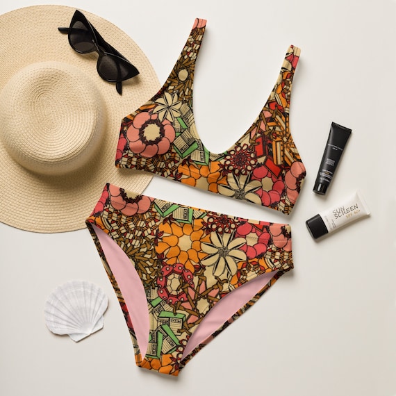 Vintage Antique Fabric 1960 s Recycled High waisted Bikini Set