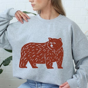 Red Bear Woodland Textured Linocut Unisex Sweatshirt, Rustic Cottagecore Comfortable Warm Color Crewneck, Modern Hunting Adventure Sweater