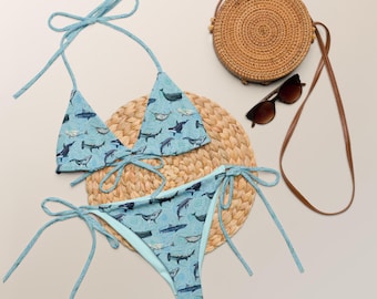 Recycled Whale Shark Bikini Set, Ocean Pattern Swimwear, Eco-Friendly Bathing Suit