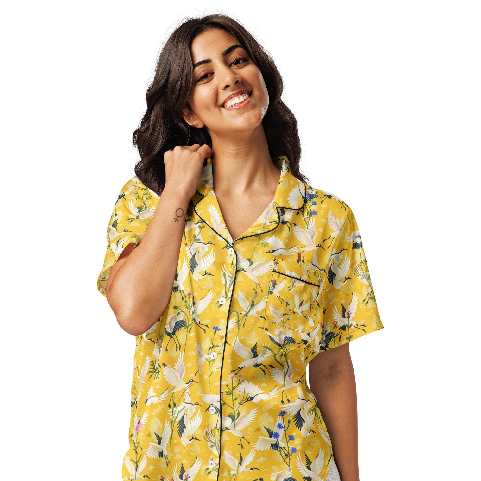 Flying Cranes Bohemian Floral Women’s Short Sleeve Pajama Top, Home ...