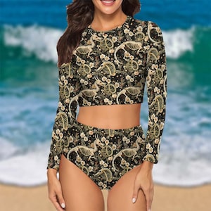 Grunge Dragon Skeleton Long Sleeve Crew Neck Swimsuit, Gothic Beachwear image 2