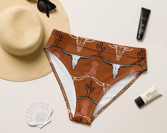 Slip bikini con teschio di longhorn riciclato, costume da bagno western con cactus, abbigliamento da vacanza da cowgirl