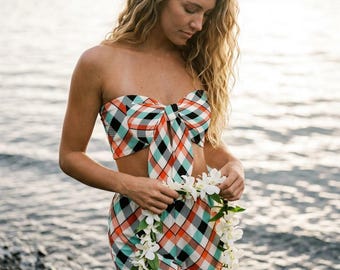 Two Piece Summer Outfit: Checkered Tie Front Top - Soft, Breathable Fabric