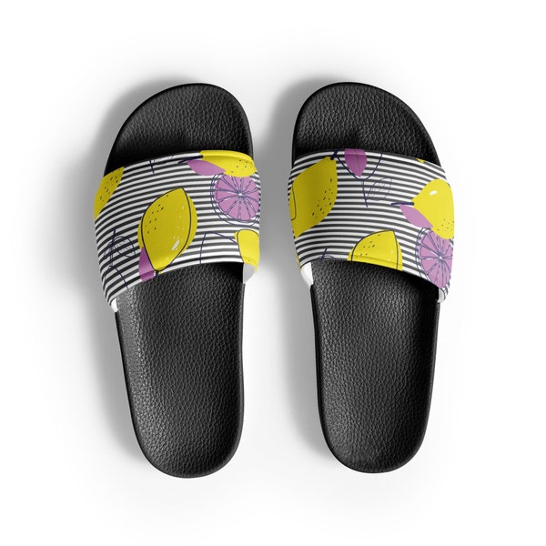 Lemons and Stripes Slip On Shoes, Purple Leaves Slides Shoes, Citrus Print, Lemon Summer Vibes Women's Slides Slip On Shoes