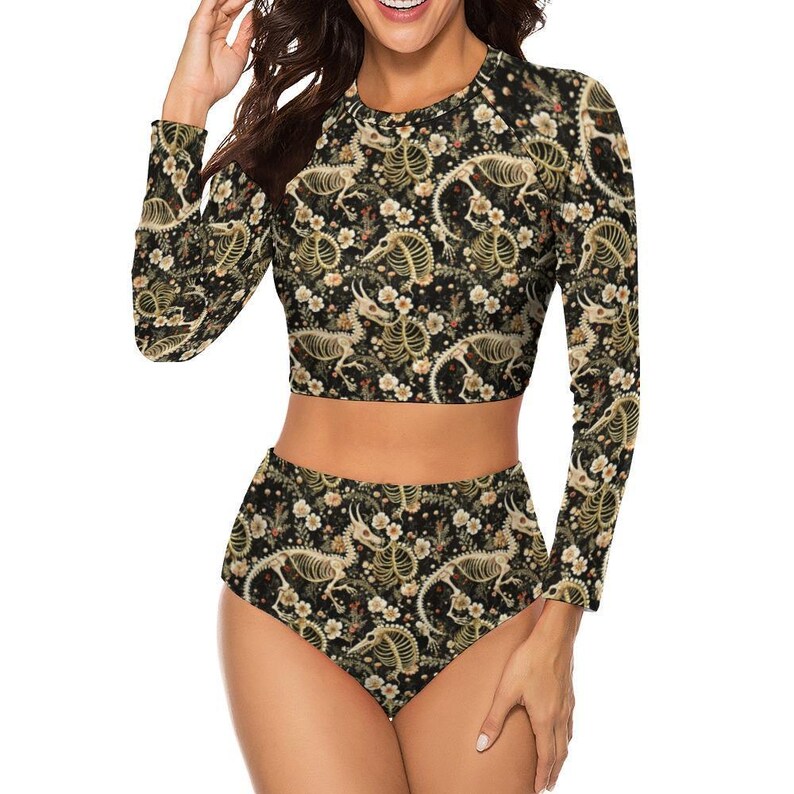 Grunge Dragon Skeleton Long Sleeve Crew Neck Swimsuit, Gothic Beachwear image 4