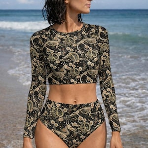 Grunge Dragon Skeleton Long Sleeve Crew Neck Swimsuit, Gothic Beachwear image 1