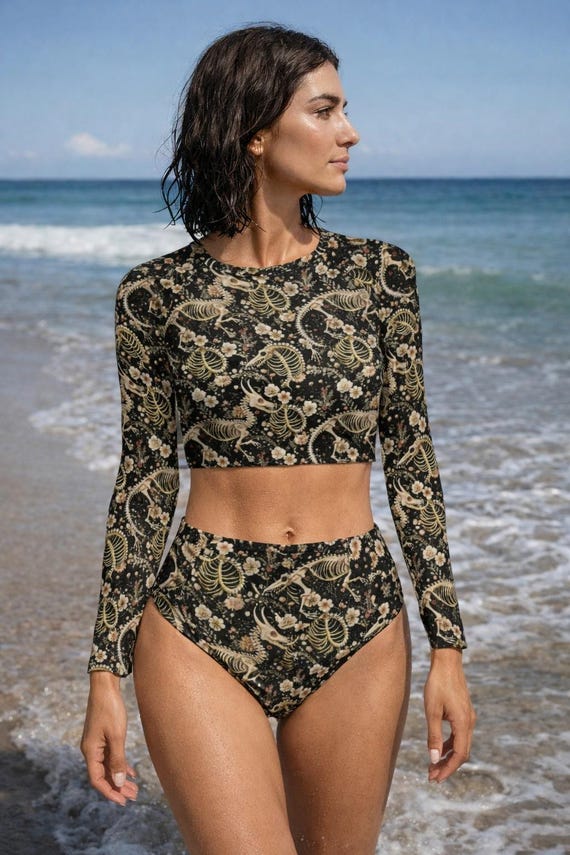 Grunge Dragon Skeleton Long Sleeve Crew Neck Swimsuit, Gothic Beachwear