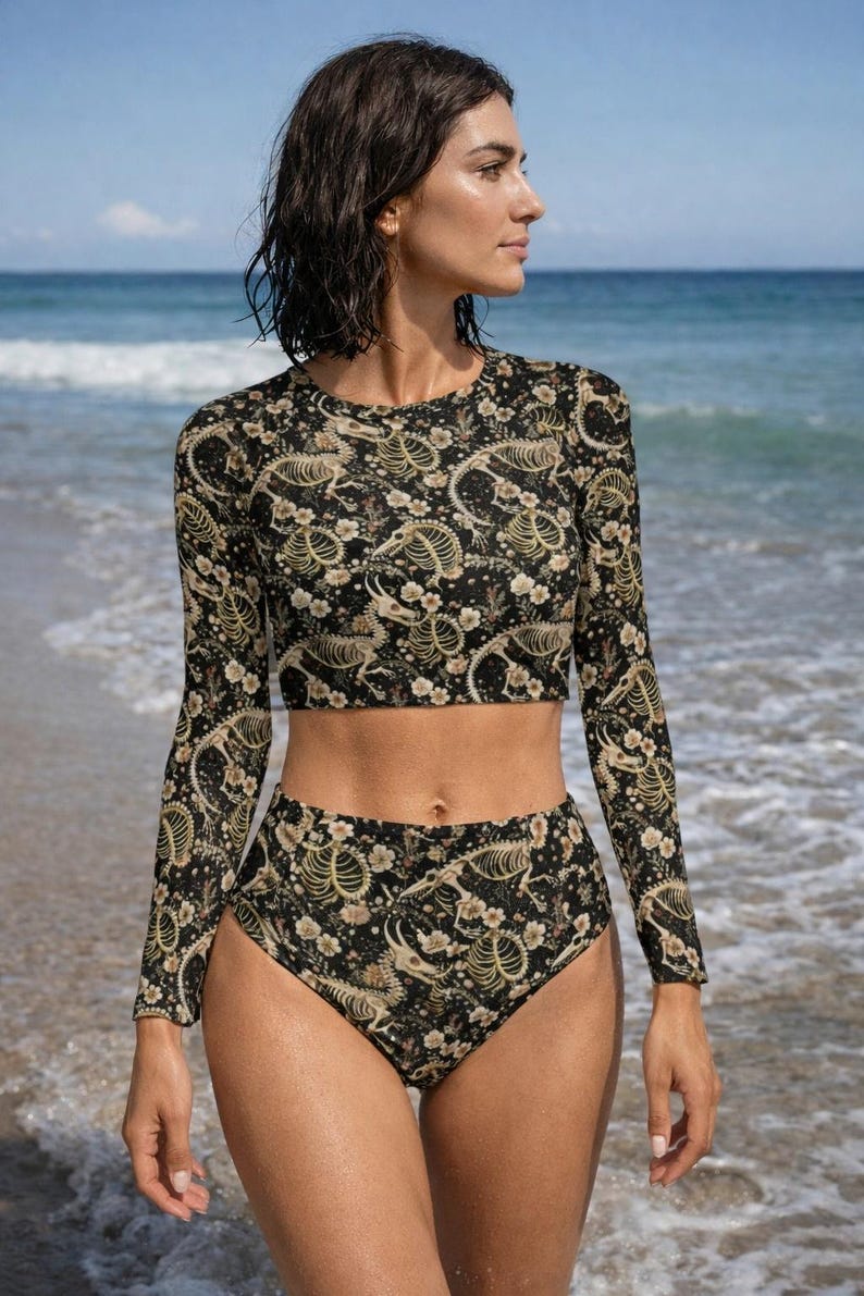 Grunge Dragon Skeleton Long Sleeve Crew Neck Swimsuit, Gothic Beachwear image 1