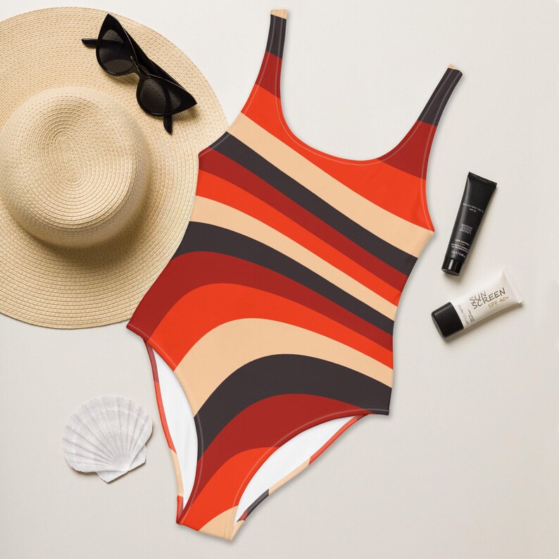 70s Wavy Pattern One-piece Swimsuit: Retro Abstract Open Back Bathing ...