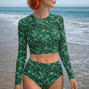Grunge Dragon Skeleton Long Sleeve Crew Neck Swimsuit, Collection Gothic Beachwear Green