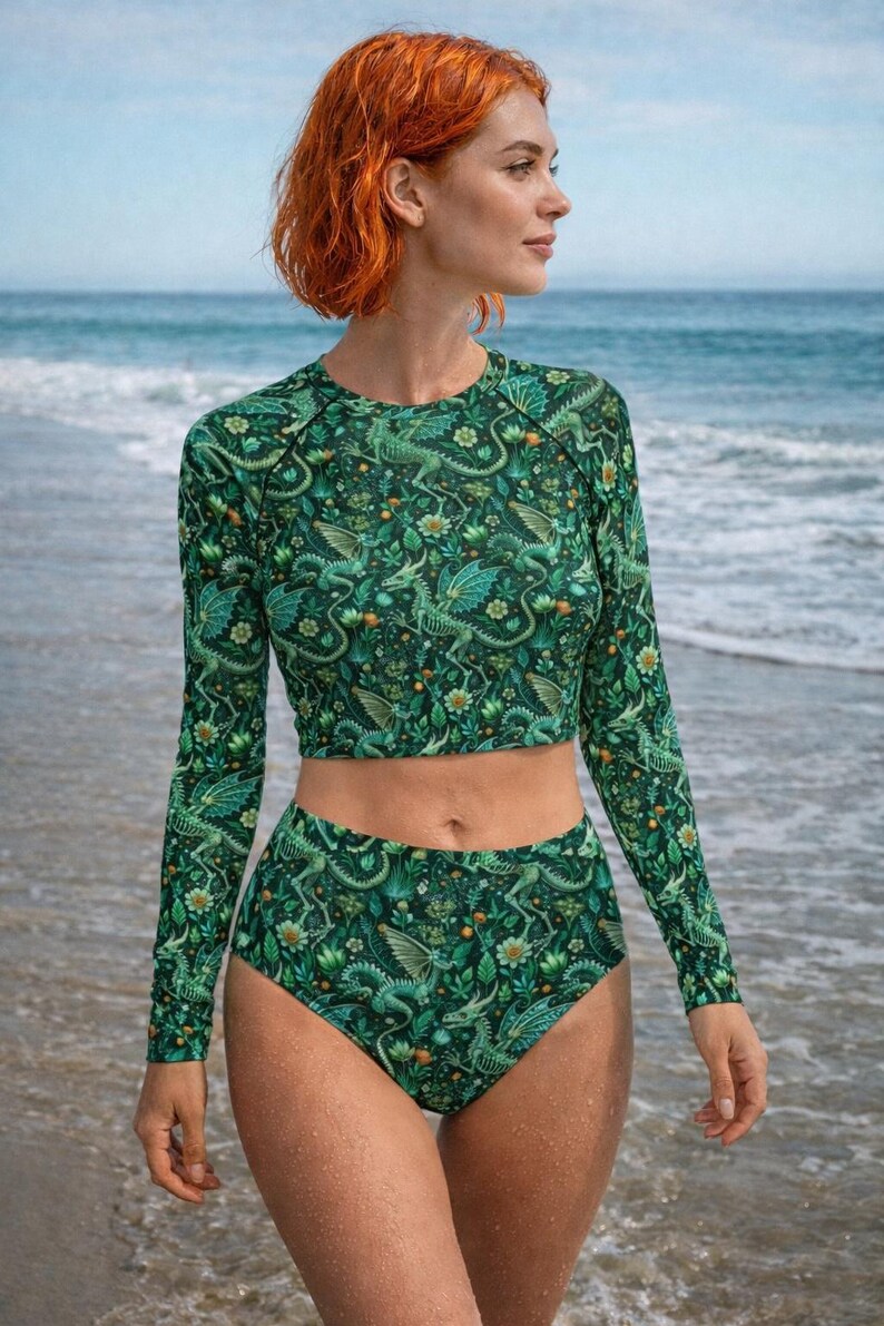 Grunge Dragon Skeleton Long Sleeve Crew Neck Swimsuit, Collection Gothic Beachwear Green