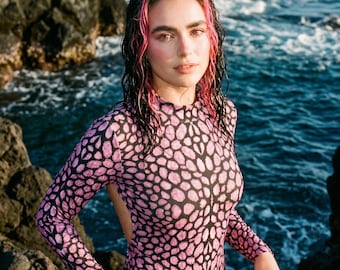 Snakeskin Print Rash Guard Swimsuit - Pink, Long Sleeve