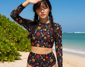 Boho Moon & Sun Print Swimsuit: Long Sleeve Two Piece