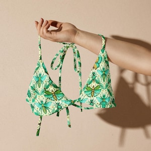 Bohemian Insects Print Recycled String Bikini Top, Vacation Summer Clothes, Wild Flowers Butterfly Swimwear, unique Bathing Suit