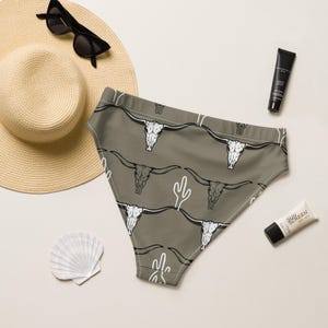 Longhorn Skull Recycled High-waisted Bikini, Cactus Western Swimsuit, Cowgirl Bathing Suit, Trendy Swimwear, Vacation Cowgirl Boots Bikini
