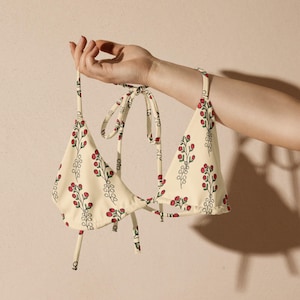 Floral Recycled String Bikini Top: Minimalist Boho Swimsuit