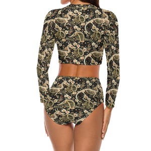 Grunge Dragon Skeleton Long Sleeve Crew Neck Swimsuit, Gothic Beachwear image 3