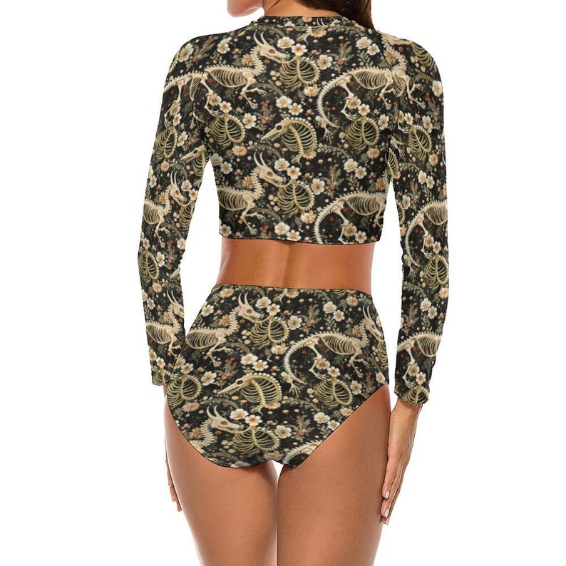 Grunge Dragon Skeleton Long Sleeve Crew Neck Swimsuit, Gothic Beachwear image 3