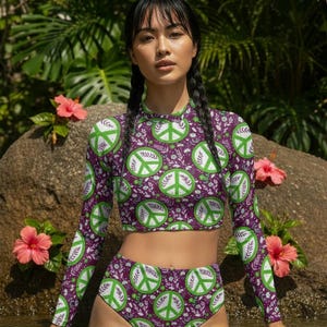 Peace on Earth 2-Piece Long Sleeve Swimsuit, Crew Neck CND Symbol Bathing Suit