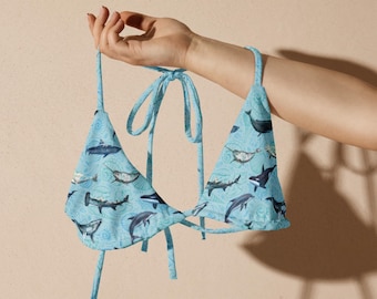 Recycled Whale Shark Bikini Top, Ocean Pattern String Swimwear, Eco-Friendly Bathing Suit