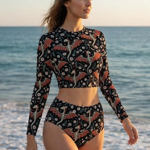 Grunge Dragon Skeleton Long Sleeve Crew Neck Swimsuit, Collection Gothic Beachwear Red