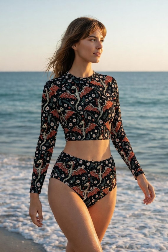 Grunge Dragon Skeleton Long Sleeve Crew Neck Swimsuit, Collection Gothic Beachwear