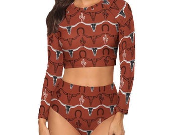 Longhorn Skull Long Sleeve Crew Neck Swimsuit, Cactus Western Bikini Set, Cowgirl Bathing Suit, Trendy Swimwear, Vaca Cowgirl Boots Bikini