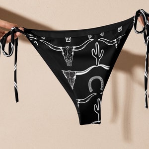 Longhorn Skull Recycled String Bikini Bottom, Cactus Western Bikini Bottom, Cowgirl Bathing Suit, Trendy Swimwear, Vacation Cowgirl Boots