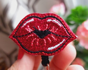 Red Lips Retractable Badge Reel, Embroidered ID Holder