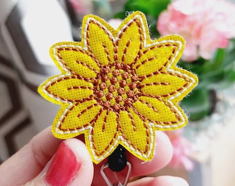 Embroidered Sunflower Badge Reel, Retractable ID Holder