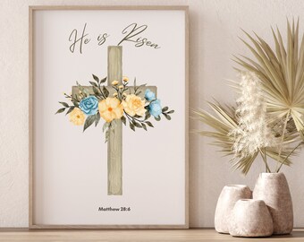 Printable He is Risen Easter decor, Religious Easter digital print, Easter quote wall art, Easter Sign, He Is Risen Matthew 28:6