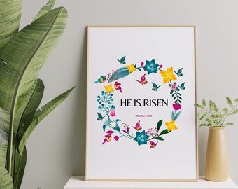 He is Risen Print, Matthew 28:6, Easter Printable, Easter Printable Art, Printable Wall Art, Printable Wall Decor, He is Risen Quote