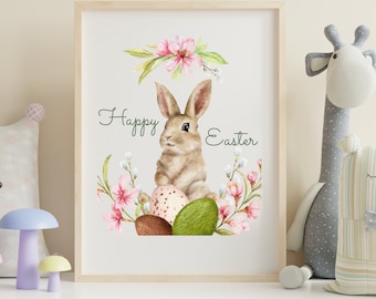 Arte de pared imprimible de Pascua feliz, decoración de Pascua imprimible, conejito de Pascua, impresiones digitales de Pascua, decoración de huevos de Pascua, descarga de Pascua, impresión de conejito