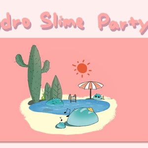Puede incluir: Una ilustración de dibujos animados de una fiesta de piscina de verano con un cactus, un sol, una sombrilla y personajes de slime azules. El texto "Hydro Slime Party!" está en la parte superior de la imagen.