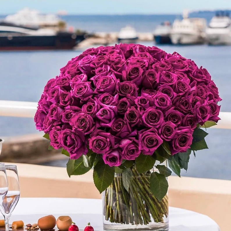 Pu&ograve; includere: Un grande bouquet di rose viola intenso in un vaso di vetro trasparente. Le rose sono in piena fioritura, con steli e foglie verdi. Lo sfondo mostra acqua e barche.