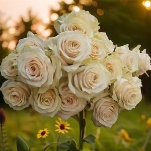 May include: A bouquet of ivory roses with soft pink centers. The roses are in full bloom, with many petals visible. The background is blurred, with hints of green and yellow.