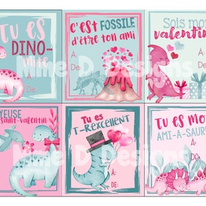 FRENCH Cute Dinosaurs Dino Valentine set of 8 PRINTABLE ,download, Pdf, valentine's day, with teacher cards, saint valentin, francais