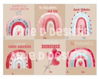 FRENCH Cute Rainbows Valentine set of 8 PRINTABLE ,download, Pdf, valentine's day, with teacher cards, saint valentin, francais