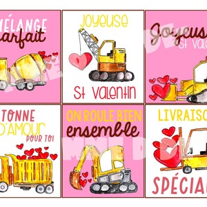 FRENCH Cute construction camions Valentine set of 8 PRINTABLE ,download, Pdf, valentine's day, with teacher cards, saint valentin, francais