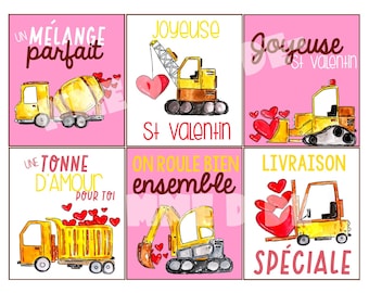 FRENCH Cute construction camions Valentine set of 8 PRINTABLE ,download, Pdf, valentine's day, with teacher cards, saint valentin, francais